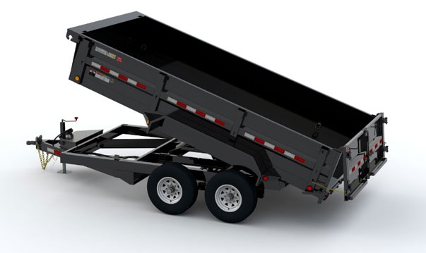 Black dump trailer raised by a hydraulic lifting system.