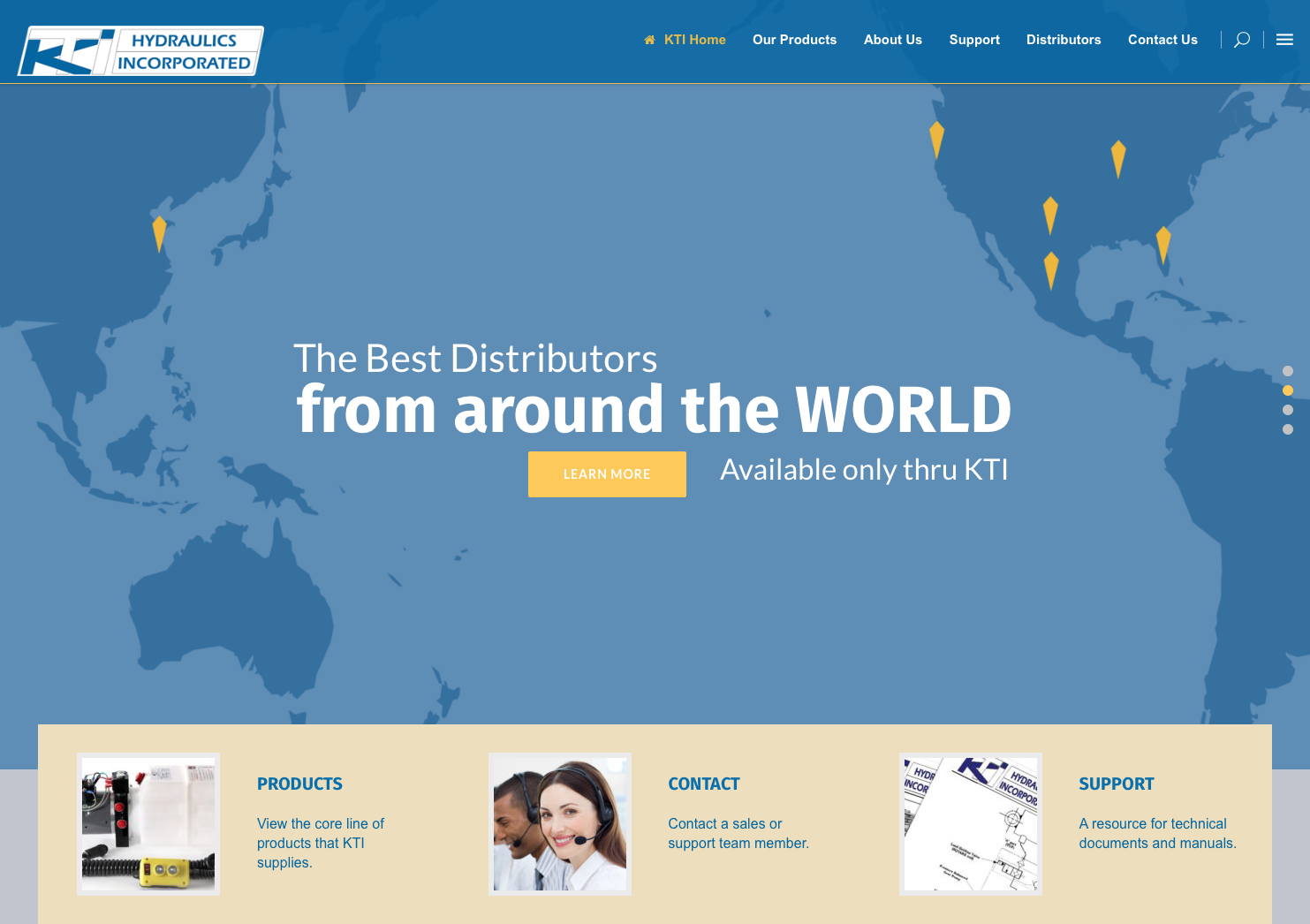 KTI Hydraulics website distributor interface showing a world map with location markers and navigation to products, support, distributors, and contact information.