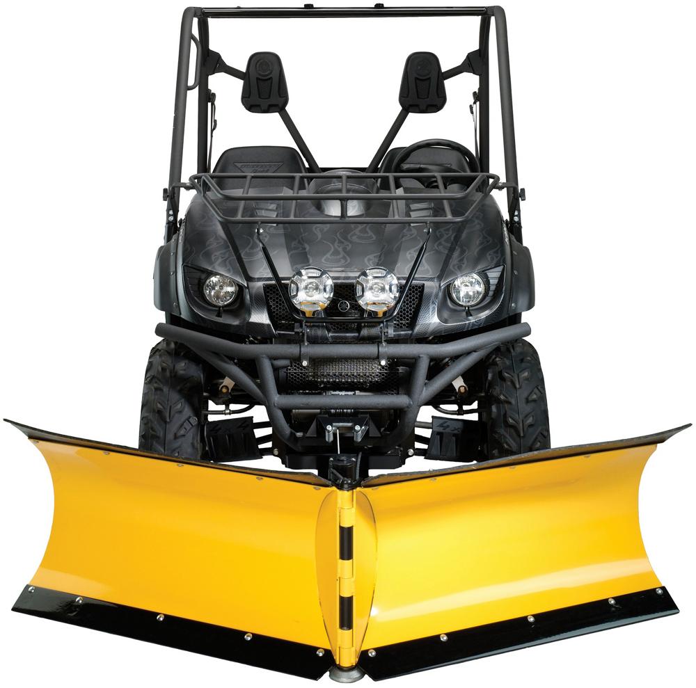 Utility vehicle fitted with a raised yellow V-plow operated by a hydraulic power system.