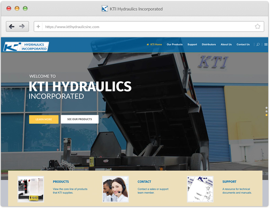 Desktop view of the KTI Hydraulics website with navigation for products, support, distributors, company information, and contact.