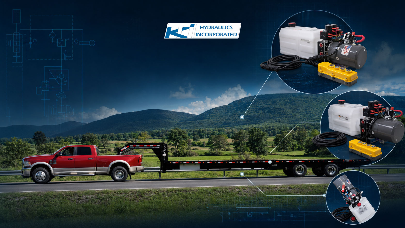Red pickup truck towing a long commercial equipment trailer through a green rural landscape.