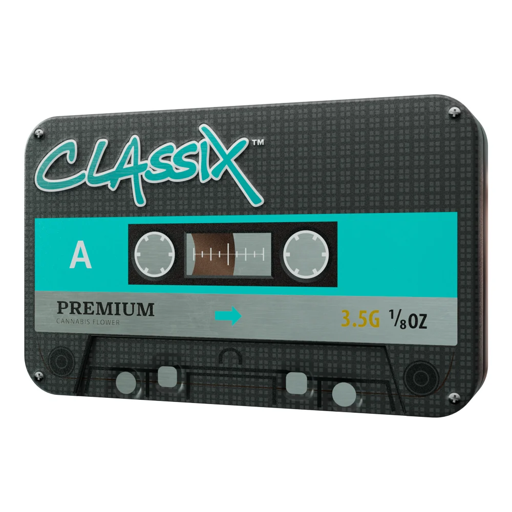 Finished Classix 3.5-gram flower tin designed to resemble a translucent cassette tape.
