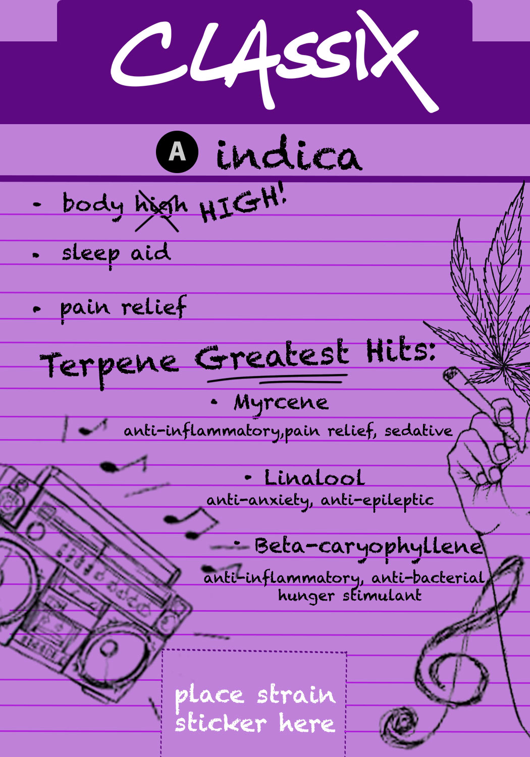 Purple Classix Indica education card styled as handwritten lined paper with music and cannabis illustrations.