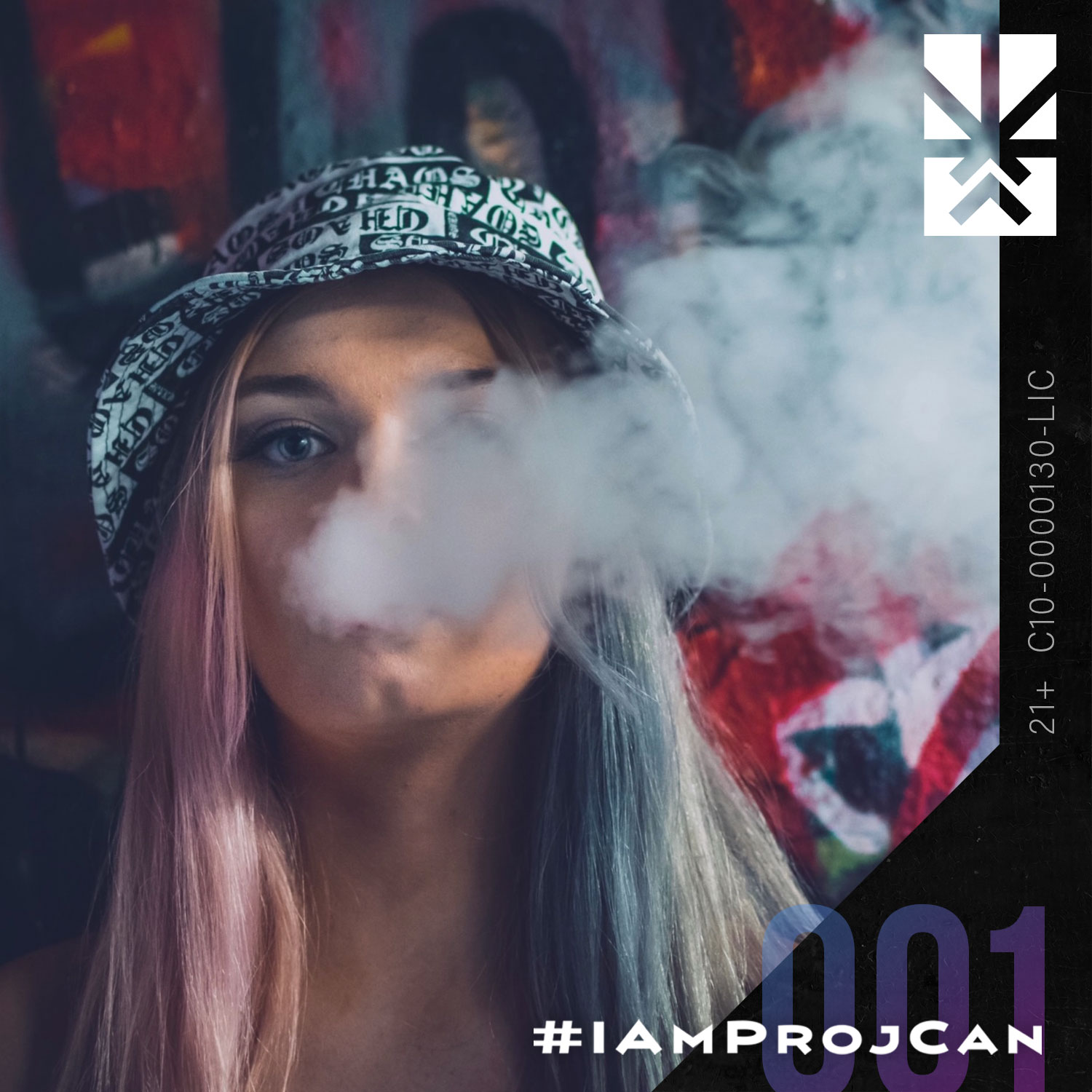 I’m ProjCan champion 001 wearing a patterned bucket hat and exhaling smoke in a colorful portrait.