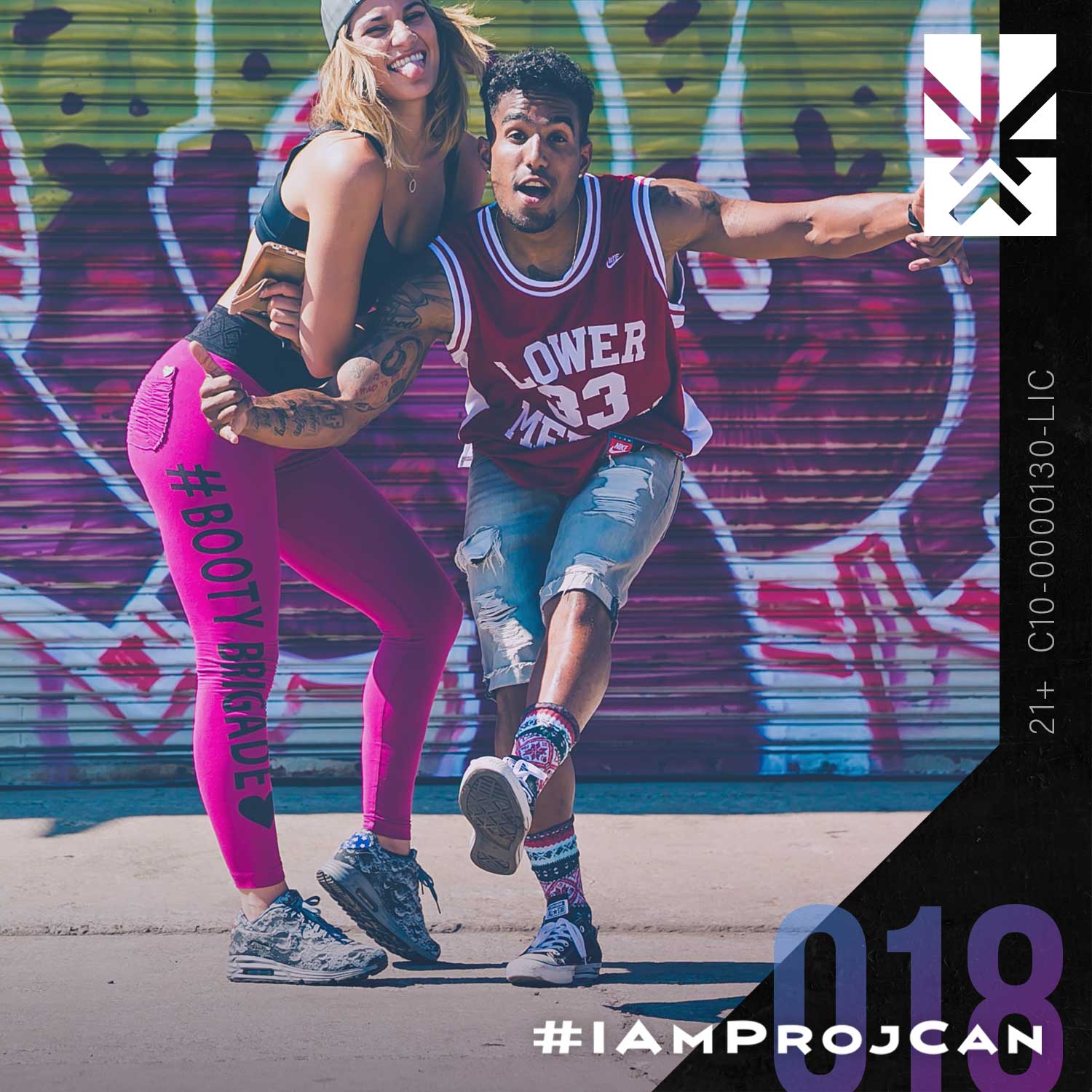 Two Project Cannabis community champions posing energetically in front of a colorful Los Angeles mural within the I’m ProjCan campaign frame.