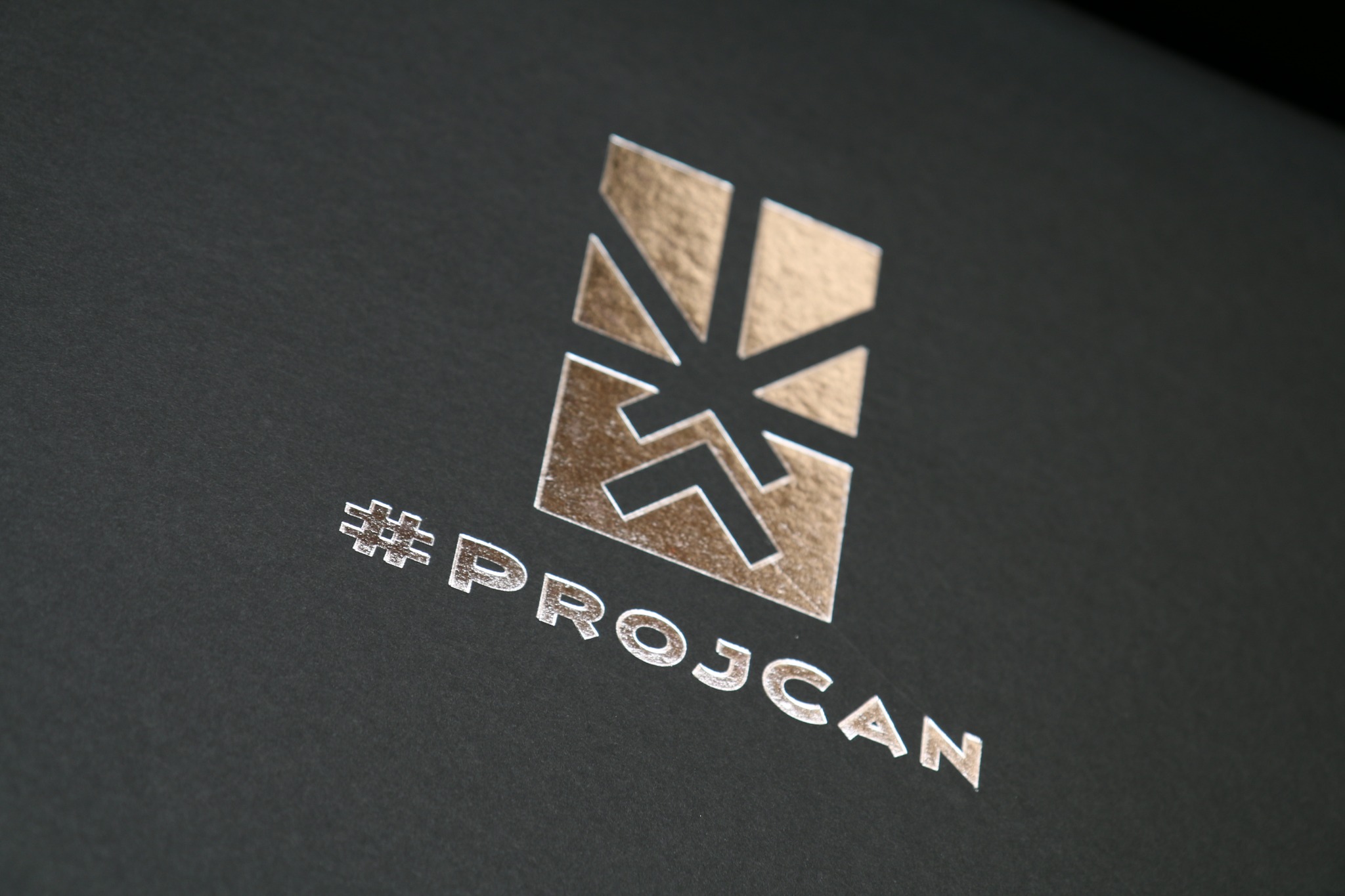 Close-up of the metallic ProjCan campaign mark foil-stamped onto a black member gift box.