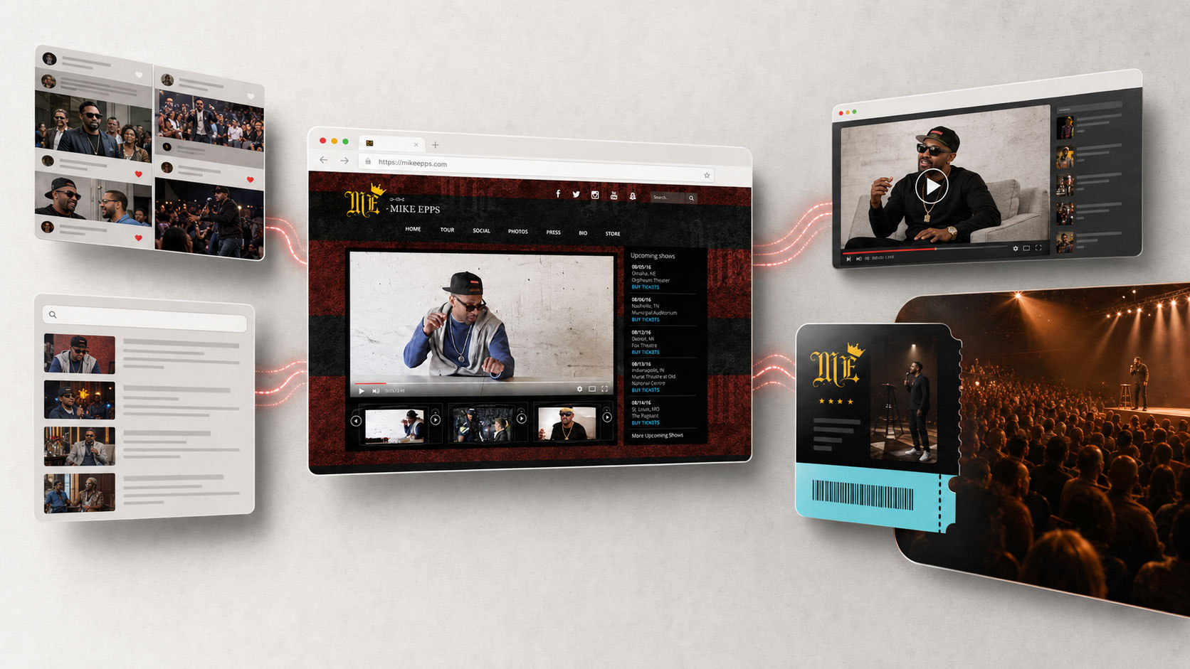Editorial MikeEpps.com hero showing Mike Epps, the website interface, mobile portal and live-event ticket pathways.