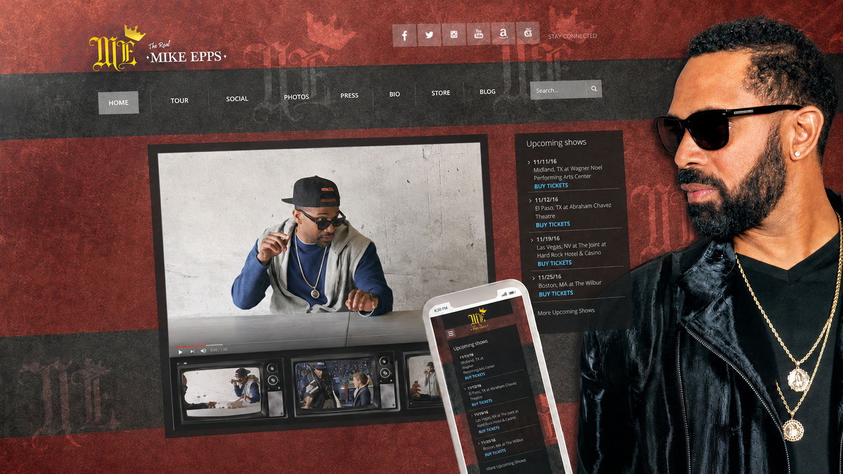 Conceptual view of MikeEpps.com connecting live-event tickets, video content, social media and a live comedy audience through one entertainment portal.
