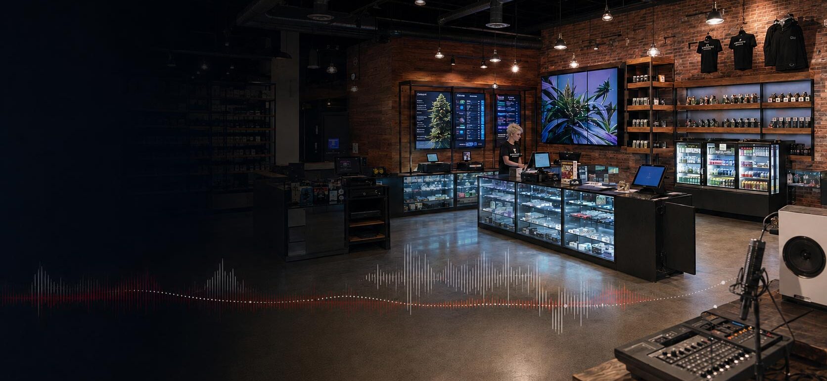 Retail environment connecting audio, digital screens, merchandising and partner marketing.