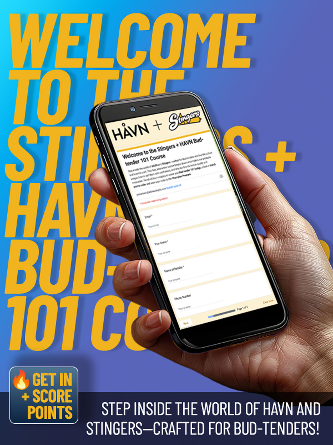 Hand holding a phone displaying the HAVN and Stingers Budtender 101 course enrollment form.