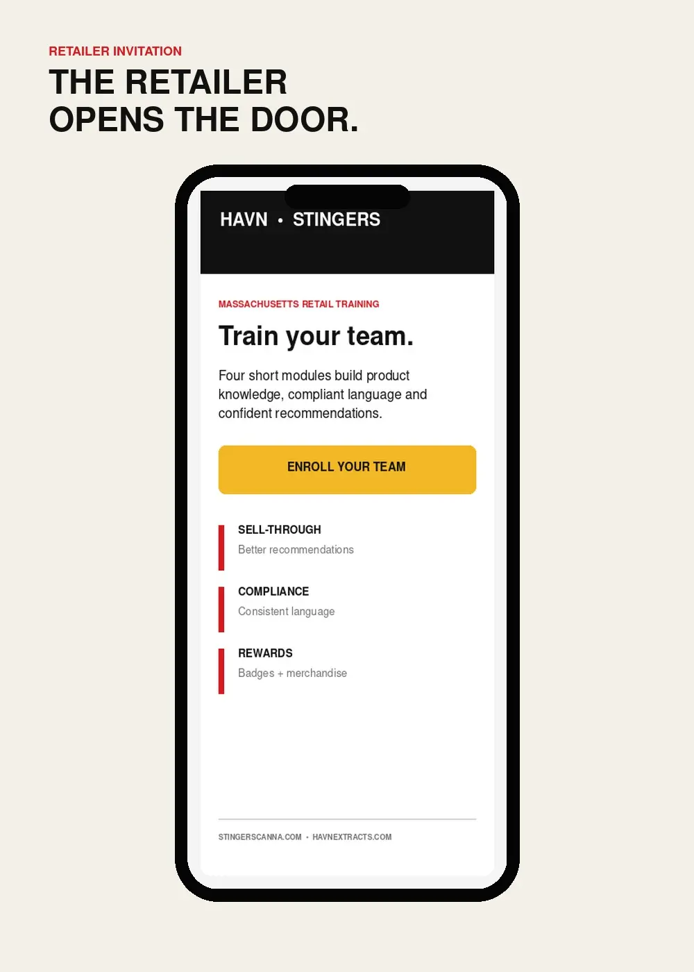 Mobile phone displaying a Massachusetts retail-manager invitation to enroll a team in product education.