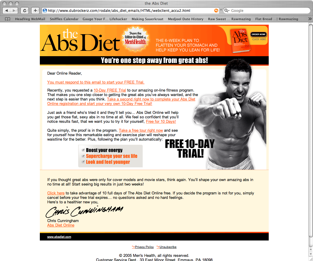 Archived HTML email designed for The Abs Diet with free-trial and book-purchase calls to action.