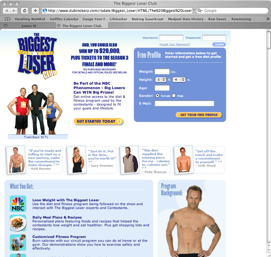 Archived Biggest Loser Club registration and profile interface supporting a free audience account.