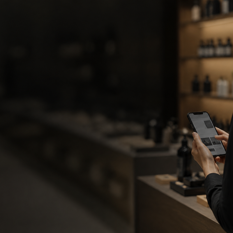 Retail associate consulting a smartphone at a specialty retail counter.