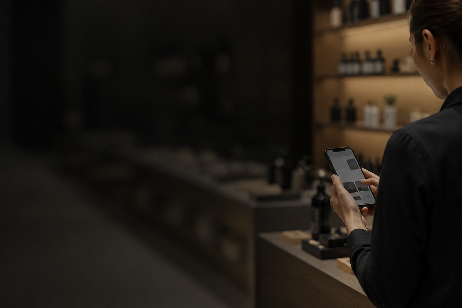 Retail associate consulting a smartphone at a specialty retail counter.