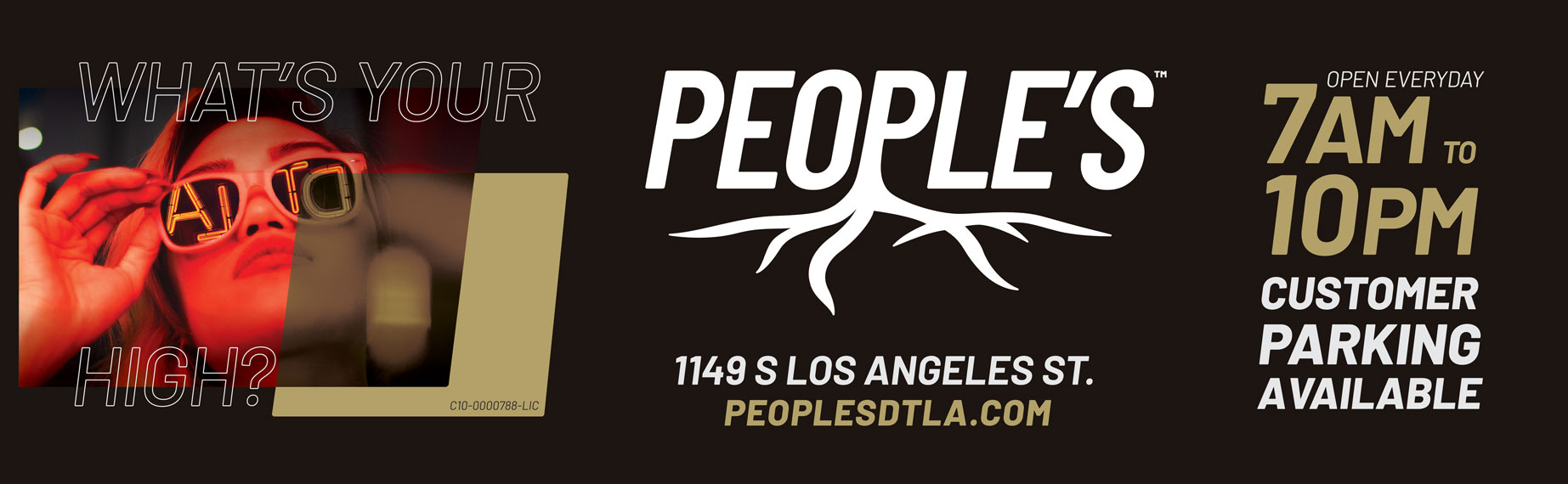 Flat People’s DTLA What’s Your High? billboard artwork with a red-lit portrait, location and store information.