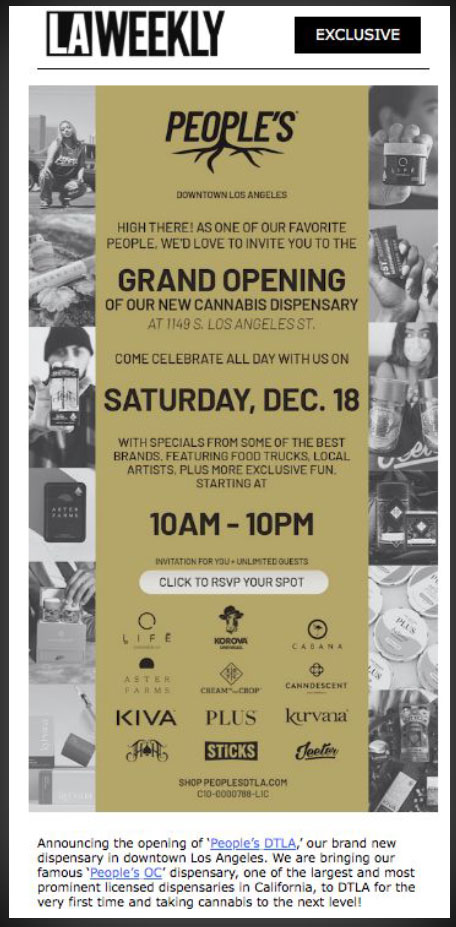 LA Weekly Exclusive dedicated email inviting subscribers to the People’s DTLA Grand Opening.
