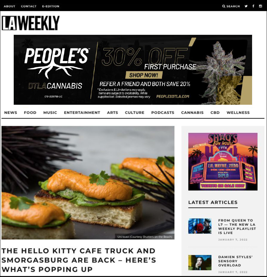 People’s DTLA Grand Opening banner displayed in the right rail of the LA Weekly homepage beside editorial content.