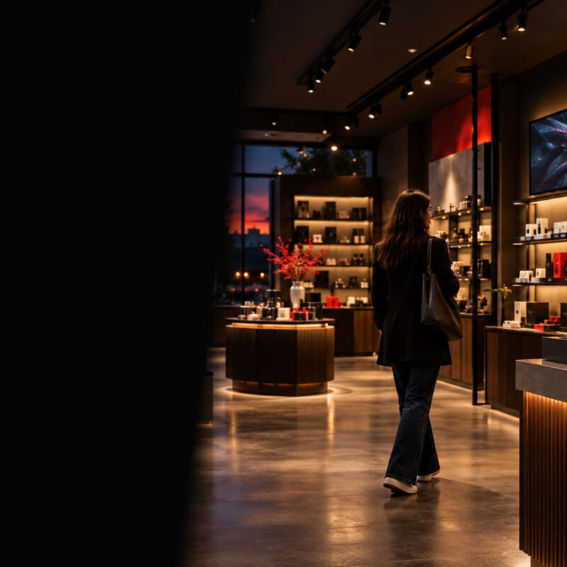 Customer shopping in a connected retail environment supported by digital screens, ecommerce and in-store merchandising.