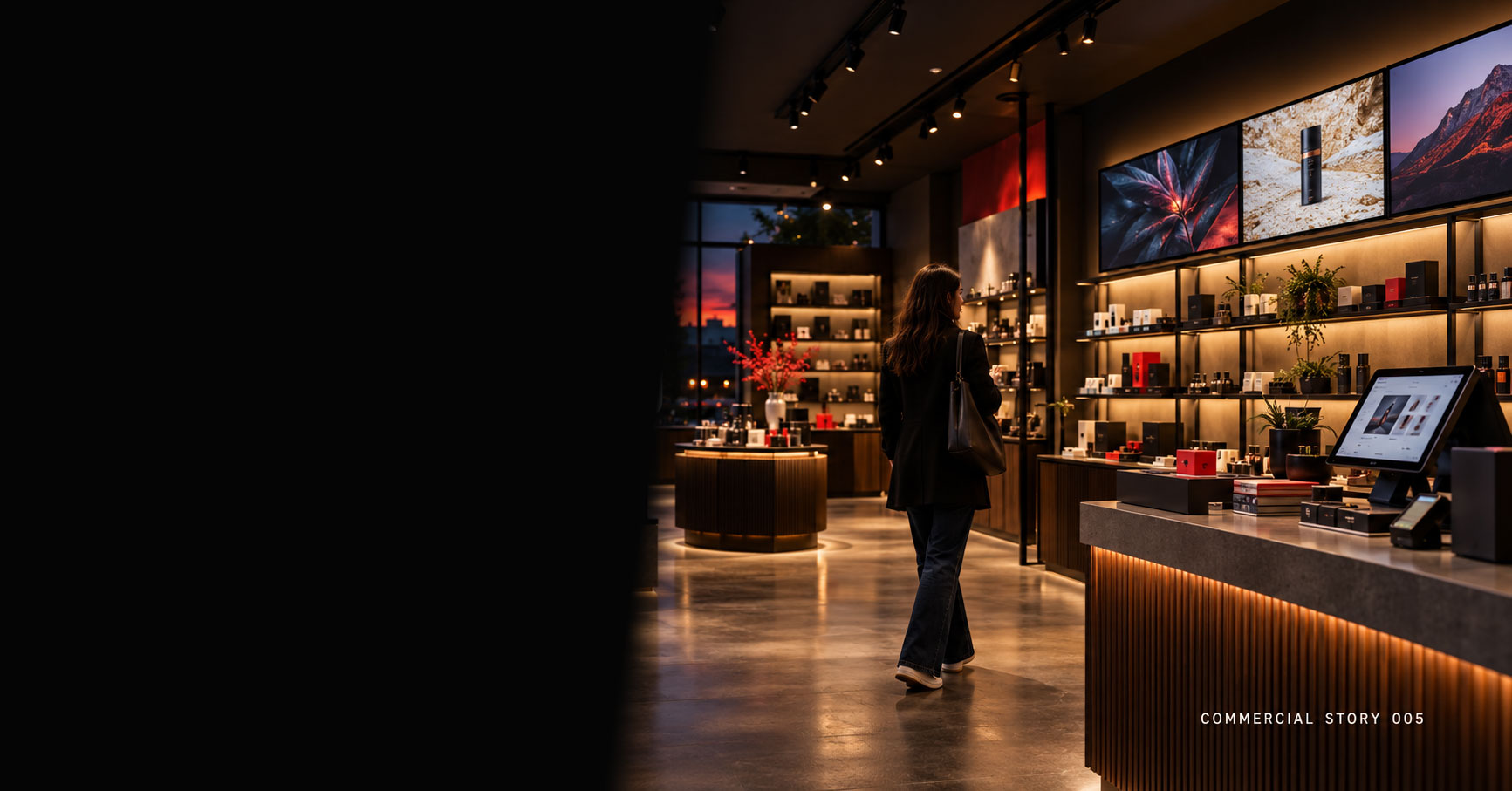 Customer shopping in a connected retail environment supported by digital screens, ecommerce and in-store merchandising.