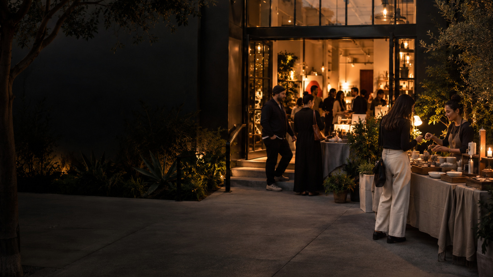 An evening neighborhood retail gathering with local vendor tables leading toward an open storefront.