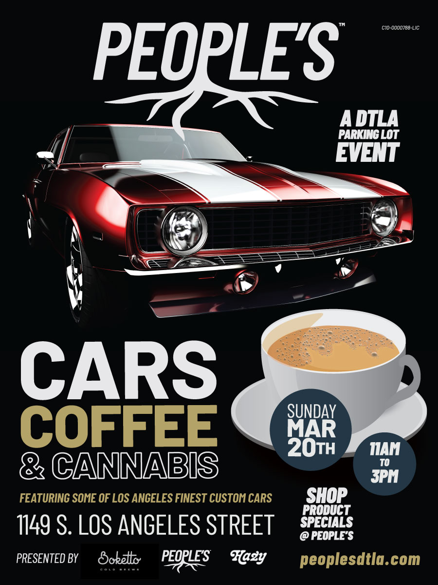 Cars, Coffee and Cannabis invitation connecting the parking-lot gathering with store specials.