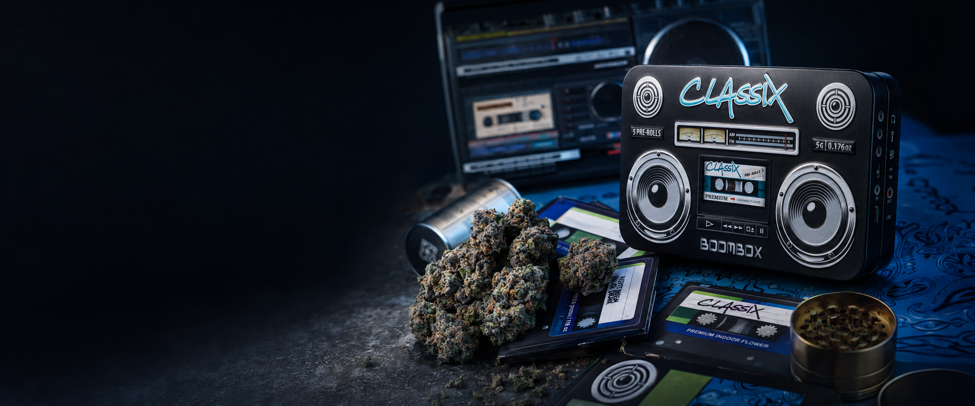Classix cassette boombox still-life image for a cannabis brand identity and packaging system.