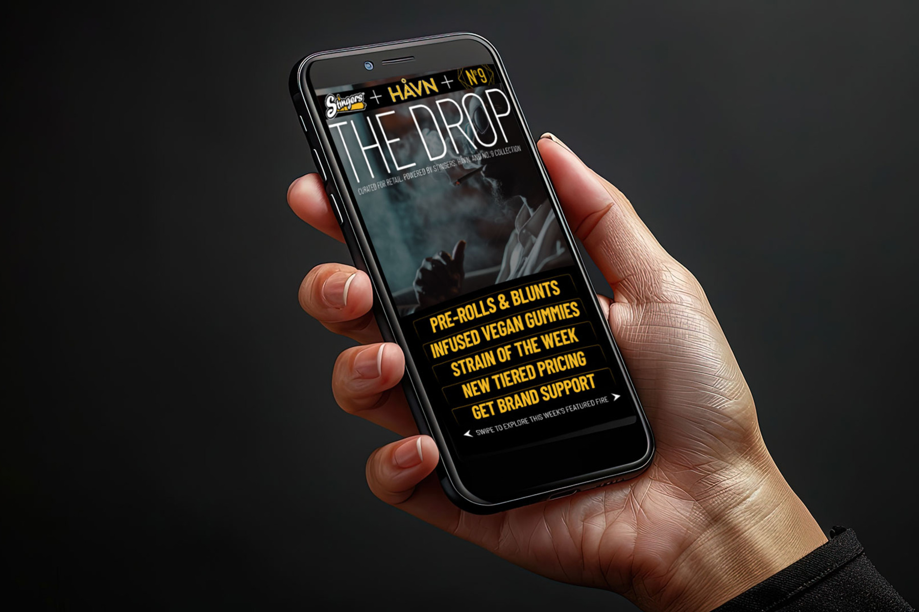 The Drop digital merchandising platform shown as a featured product experience.