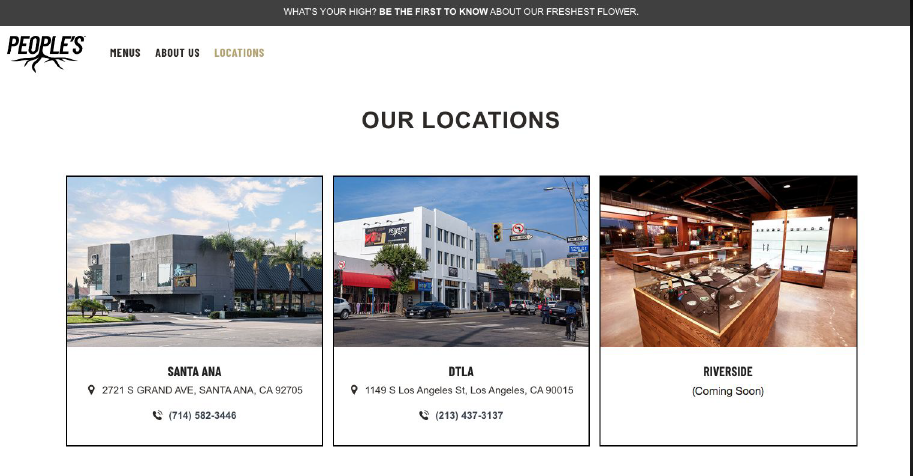 People’s website locations page showing Santa Ana, DTLA and Riverside location cards.