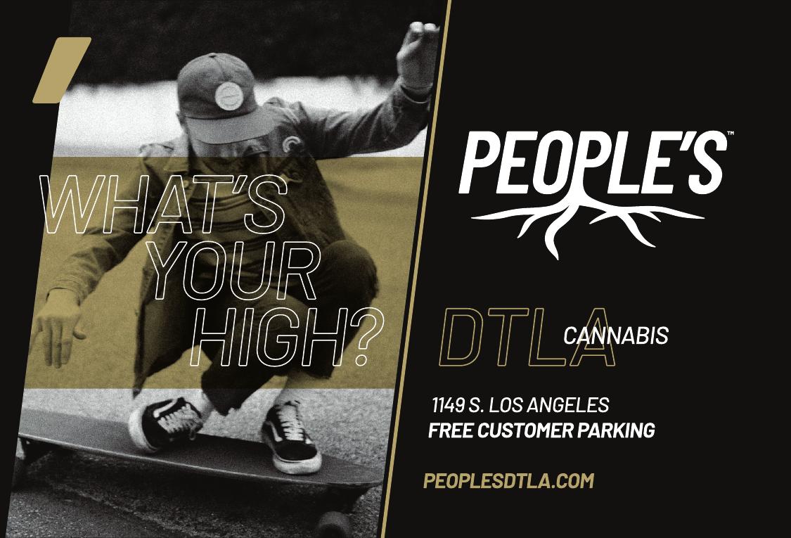 People’s DTLA postcard front using the What’s Your High? campaign and a skateboard photograph.