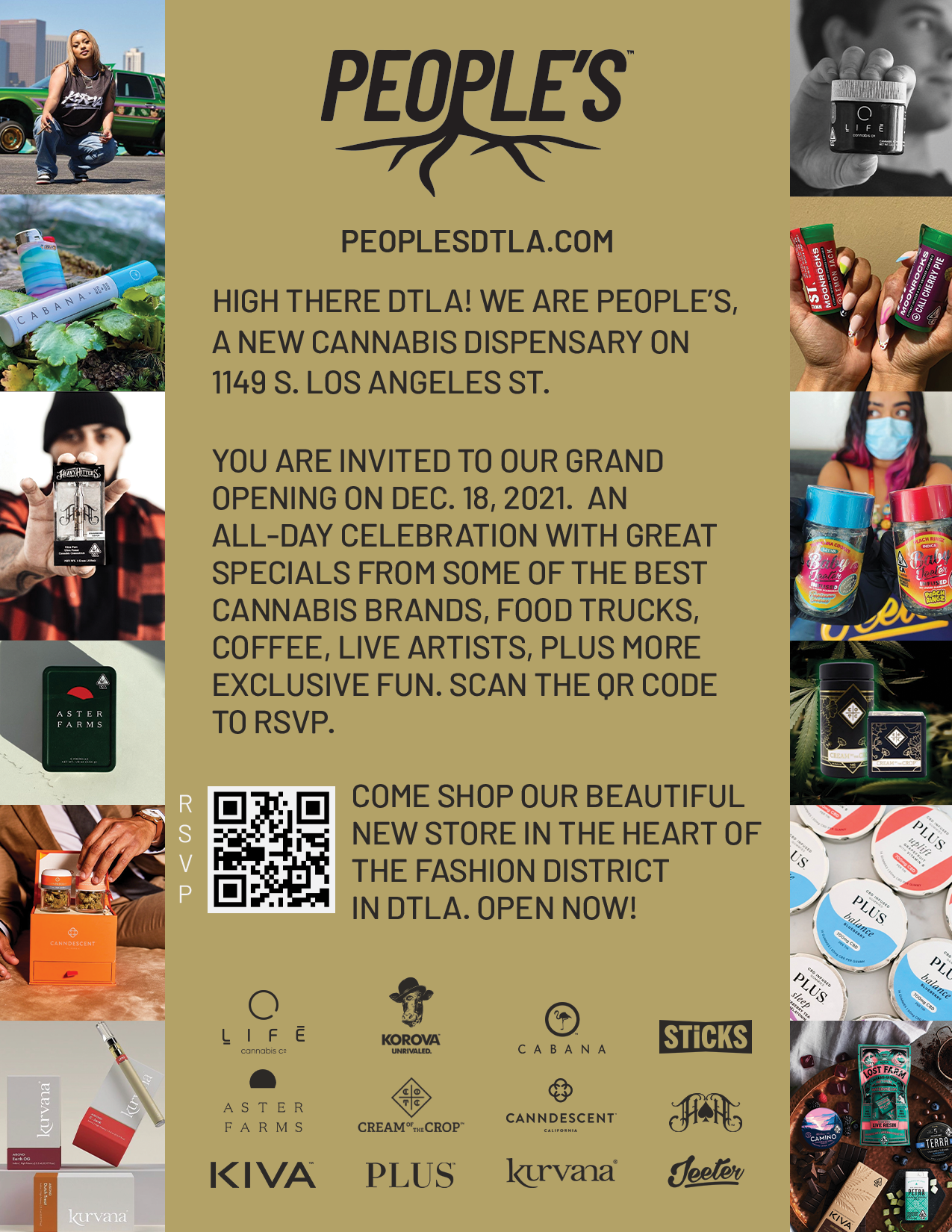 People’s DTLA grand opening flyer reverse with product imagery, partner logos, RSVP QR code and launch information.