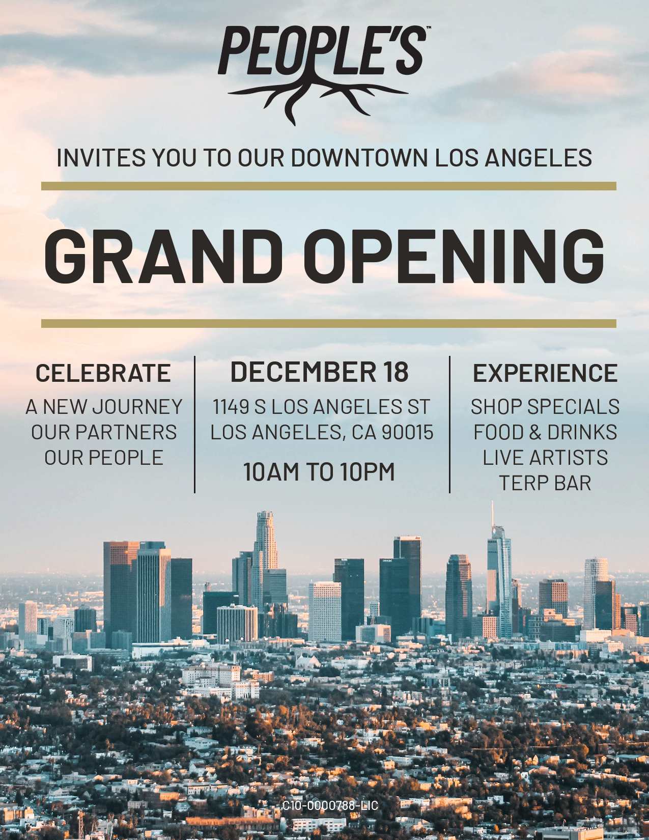 People’s DTLA grand opening flyer featuring a Los Angeles skyline and event details.