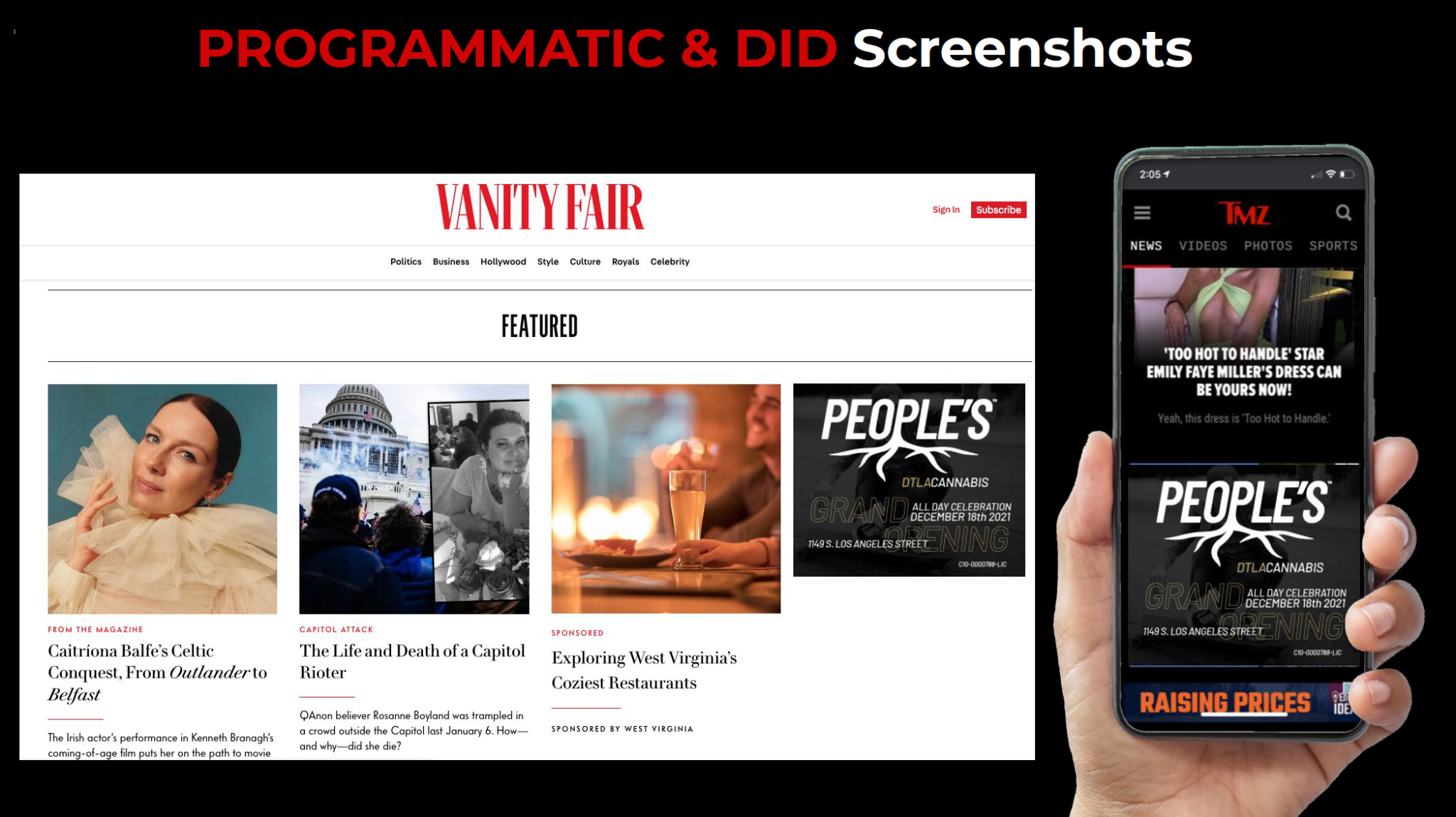 Programmatic and digital-insertion media showing People’s DTLA grand-opening creative placed within a Vanity Fair website and a TMZ mobile experience.