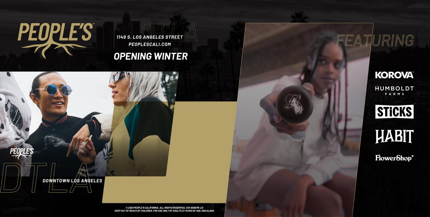 People’s DTLA double-page LA Weekly launch spread with layered photography, gold panels and featured brand partners.