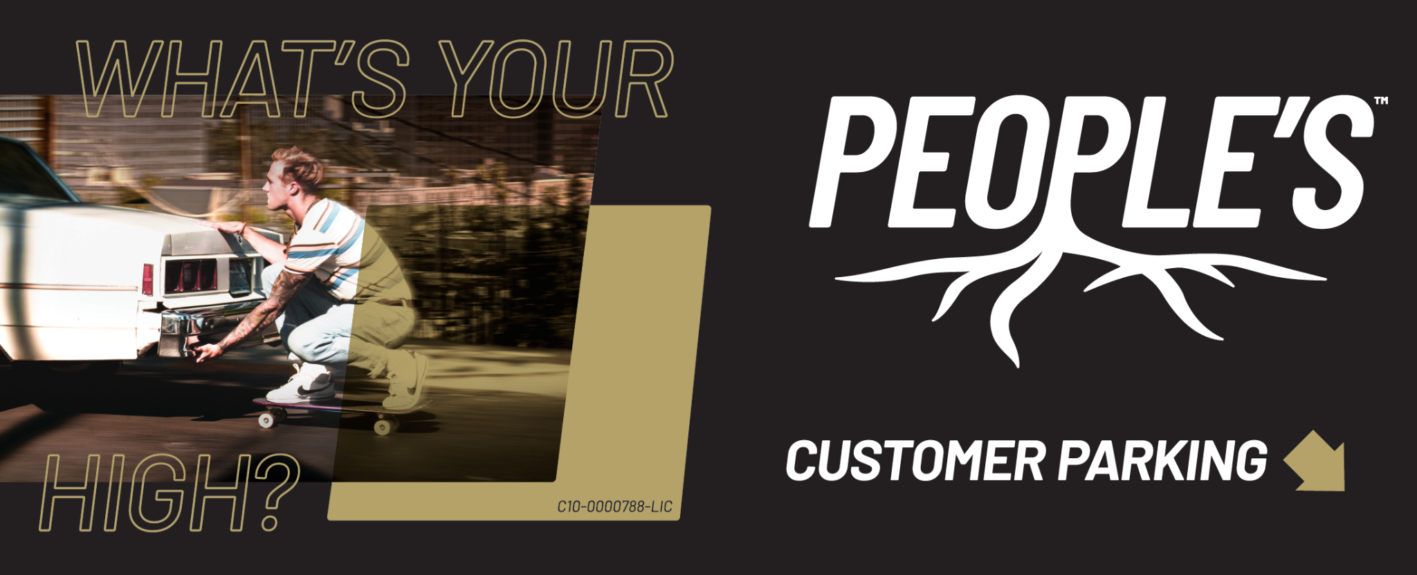 People’s What’s Your High? DTLA customer-parking billboard artwork with a skater, People’s identity and directional parking message.