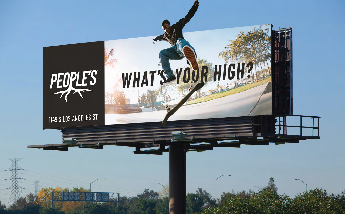People’s What’s Your High? billboard installed in live Los Angeles context with a skateboarder and People’s DTLA address.