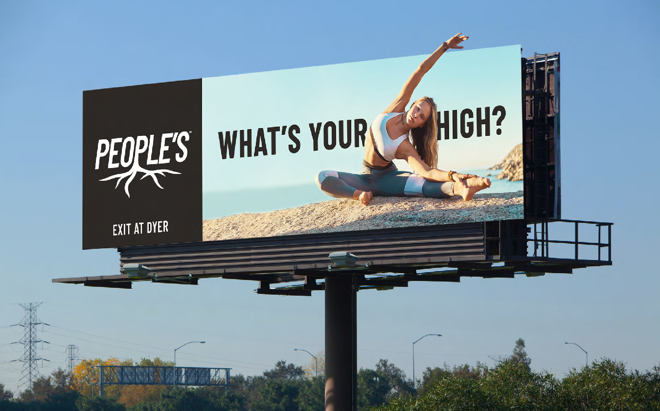 People’s What’s Your High? billboard installed in live context near Exit at Dyer, featuring a woman stretching on a beach.