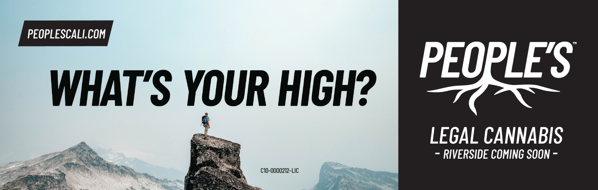 People’s What’s Your High? Riverside billboard artwork with mountain imagery, Legal Cannabis messaging and a Coming Soon message.
